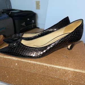 Kate Spade Designer Black embossed leather kitten heels made in Italy buckle toe